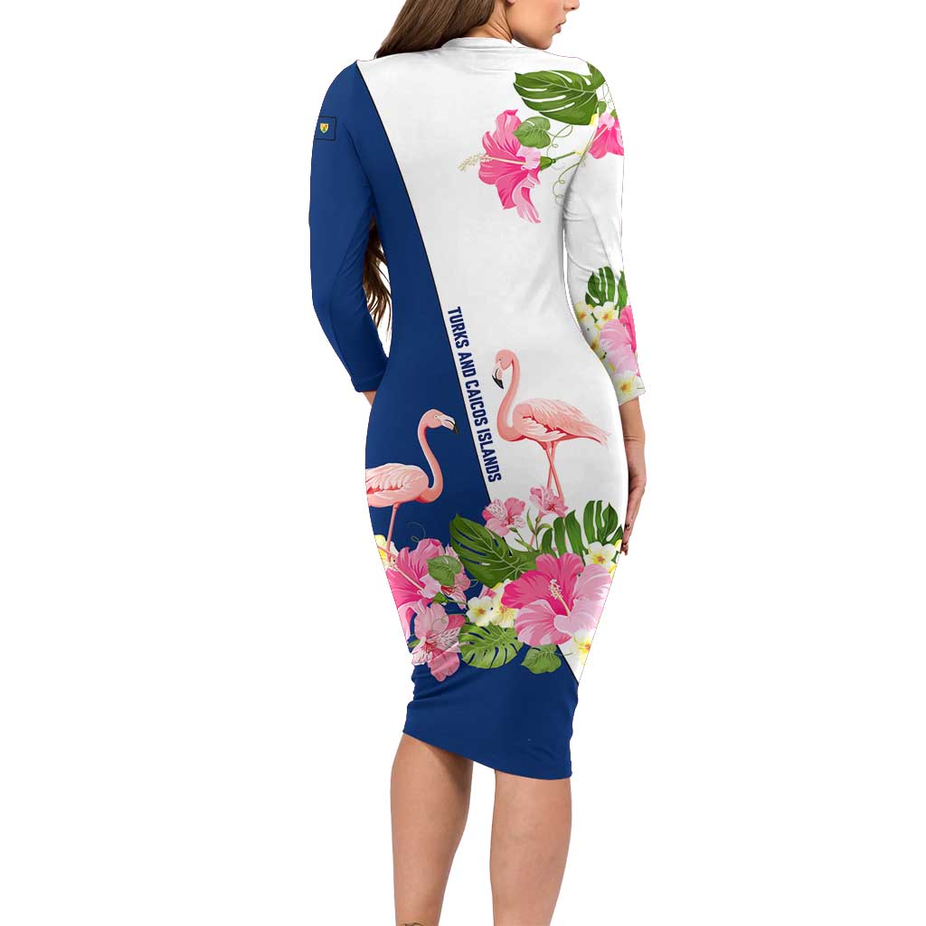 Turks and Caicos Islands Long Sleeve Bodycon Dress with Flamingos Floral Pattern and National Crest Design - Wonder Print Shop