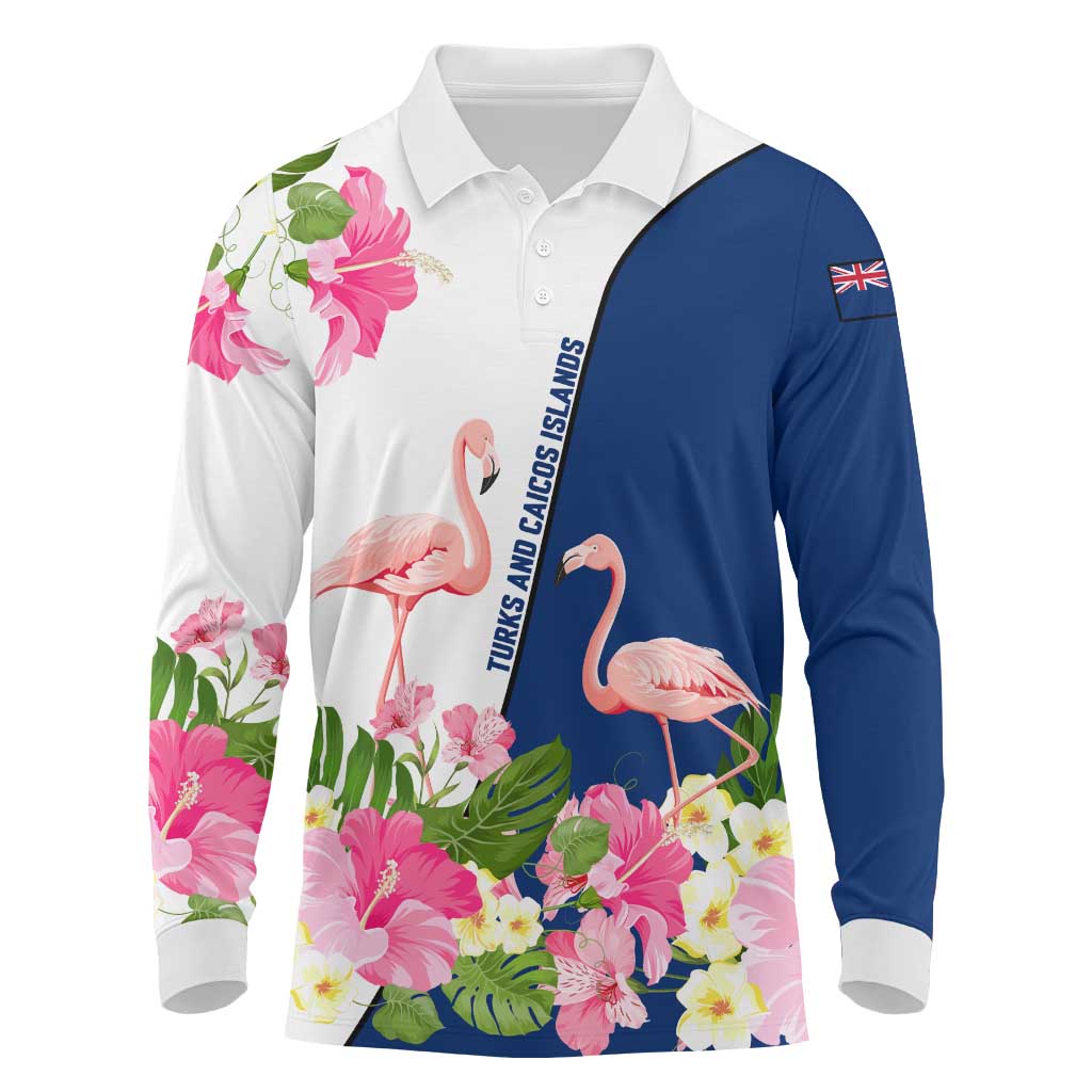 Turks and Caicos Islands Long Sleeve Polo Shirt with Flamingos Floral Pattern and National Crest Design - Wonder Print Shop