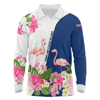 Turks and Caicos Islands Long Sleeve Polo Shirt with Flamingos Floral Pattern and National Crest Design - Wonder Print Shop