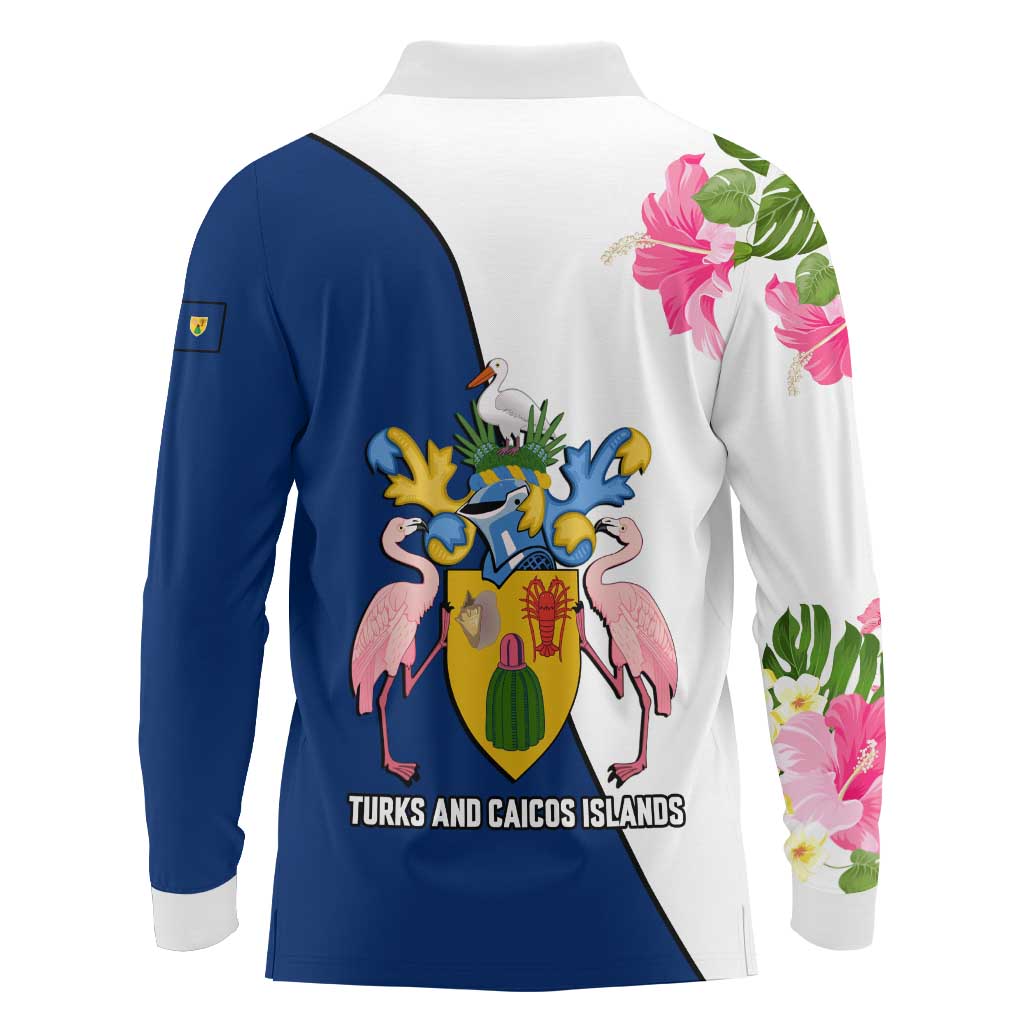 Turks and Caicos Islands Long Sleeve Polo Shirt with Flamingos Floral Pattern and National Crest Design - Wonder Print Shop