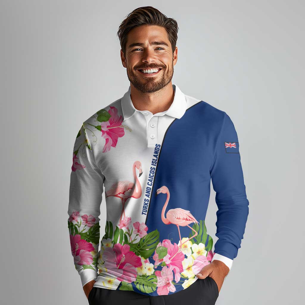 Turks and Caicos Islands Long Sleeve Polo Shirt with Flamingos Floral Pattern and National Crest Design - Wonder Print Shop