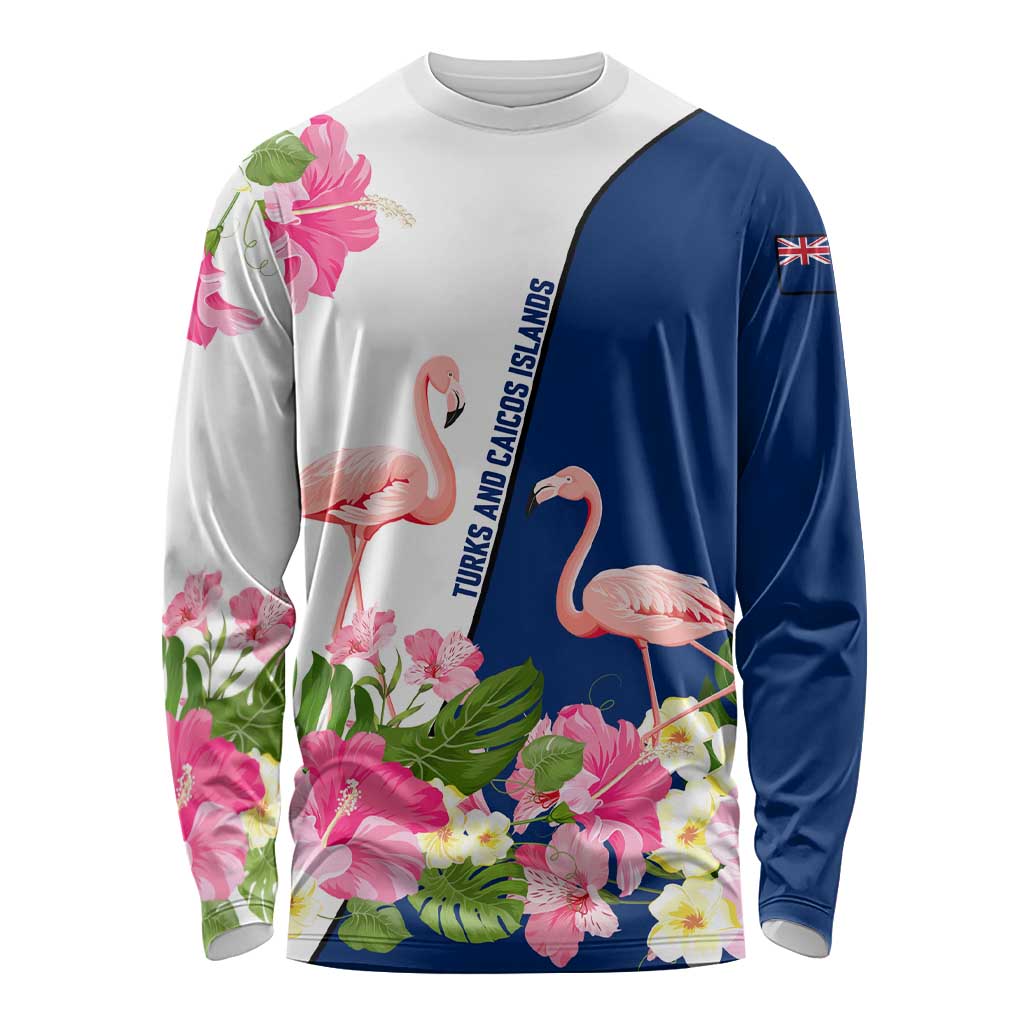 Turks and Caicos Islands Long Sleeve Shirt with Flamingos Floral Pattern and National Crest Design - Wonder Print Shop