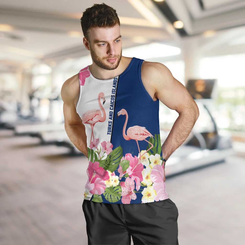 Turks and Caicos Islands Men Tank Top with Flamingos Floral Pattern and National Crest Design - Wonder Print Shop
