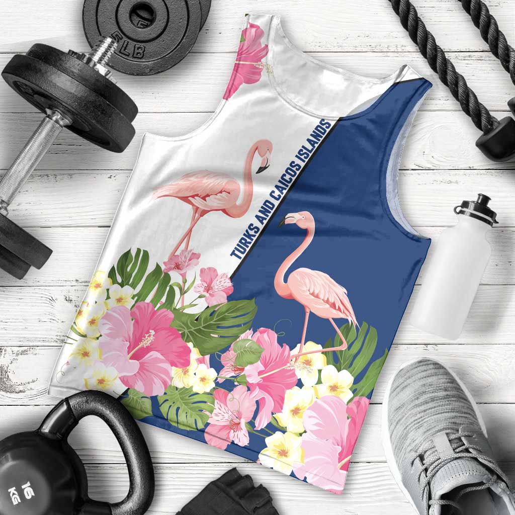 Turks and Caicos Islands Men Tank Top with Flamingos Floral Pattern and National Crest Design - Wonder Print Shop