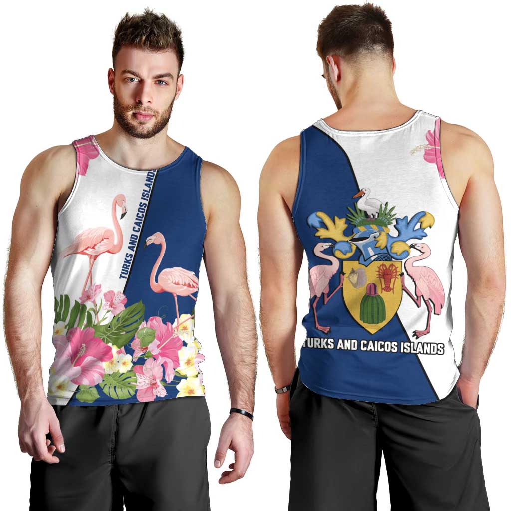 Turks and Caicos Islands Men Tank Top with Flamingos Floral Pattern and National Crest Design - Wonder Print Shop
