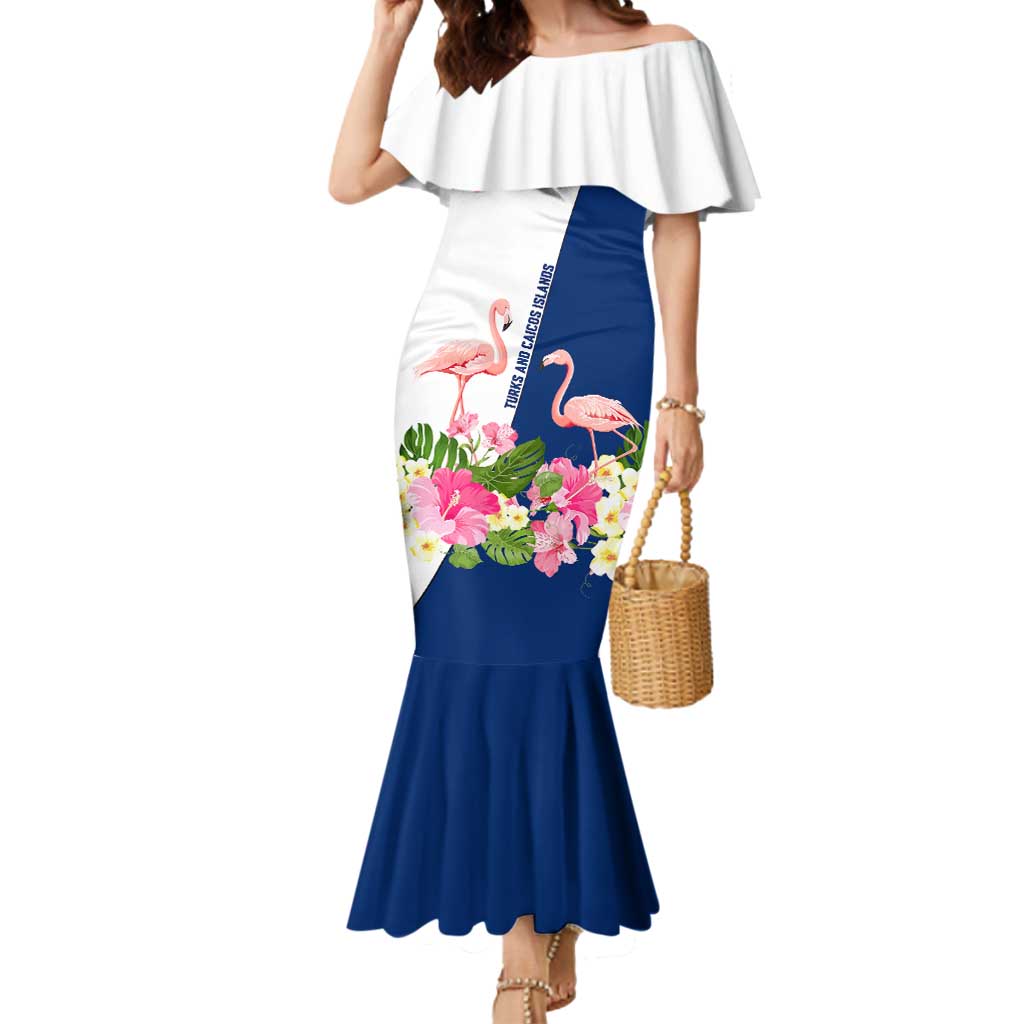 Turks and Caicos Islands Mermaid Dress with Flamingos Floral Pattern and National Crest Design - Wonder Print Shop