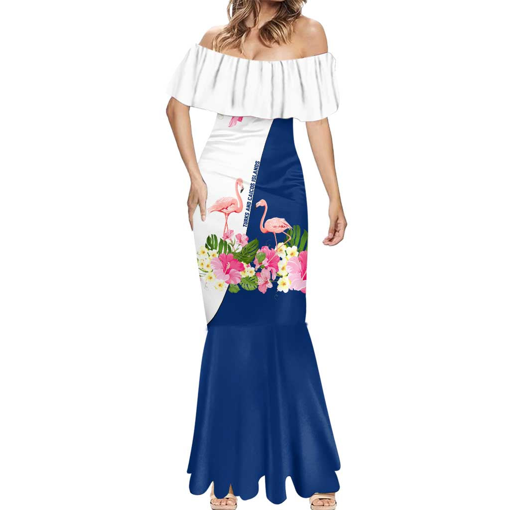 Turks and Caicos Islands Mermaid Dress with Flamingos Floral Pattern and National Crest Design - Wonder Print Shop