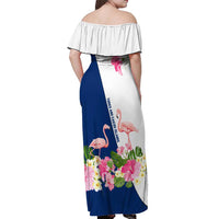 Turks and Caicos Islands Off Shoulder Maxi Dress with Flamingos Floral Pattern and National Crest Design - Wonder Print Shop