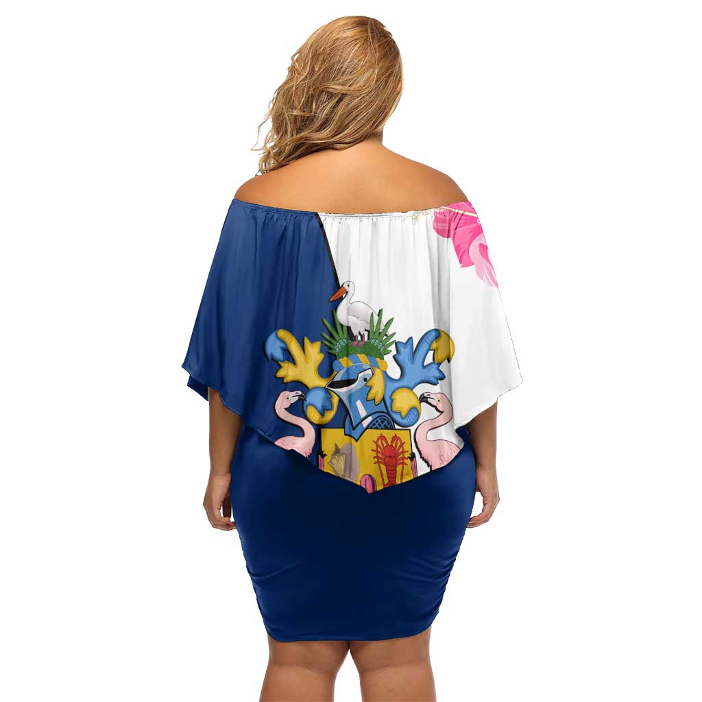 Turks and Caicos Islands Off Shoulder Short Dress with Flamingos Floral Pattern and National Crest Design - Wonder Print Shop