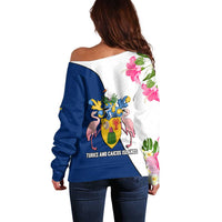 Turks and Caicos Islands Off Shoulder Sweater with Flamingos Floral Pattern and National Crest Design - Wonder Print Shop