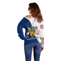 Turks and Caicos Islands Off Shoulder Sweater with Flamingos Floral Pattern and National Crest Design - Wonder Print Shop