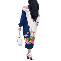 Turks and Caicos Islands Off The Shoulder Long Sleeve Dress with Flamingos Floral Pattern and National Crest Design - Wonder Print Shop