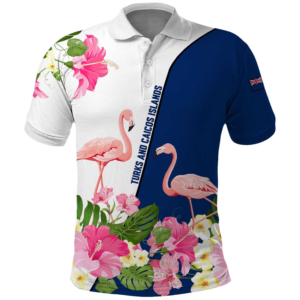 Turks and Caicos Islands Polo Shirt with Flamingos Floral Pattern and National Crest Design - Wonder Print Shop