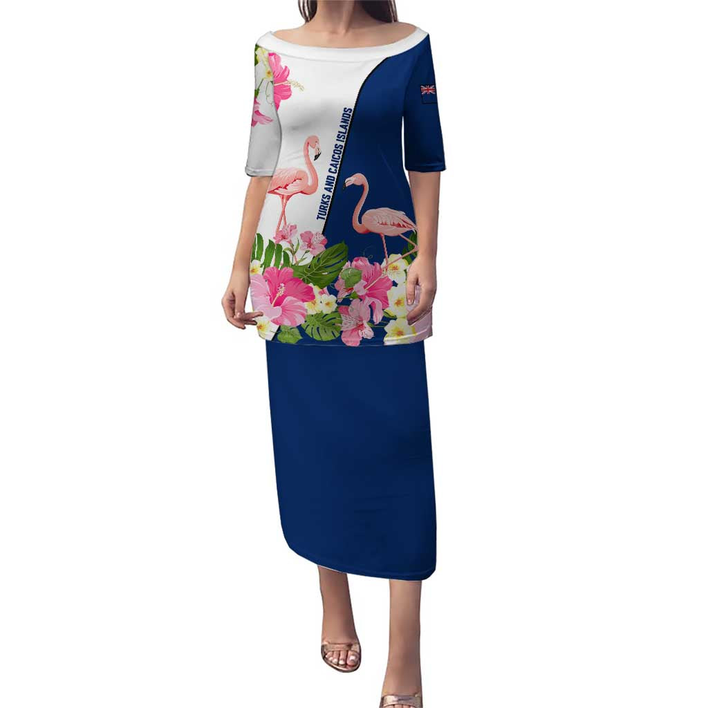 Turks and Caicos Islands Puletasi with Flamingos Floral Pattern and National Crest Design - Wonder Print Shop