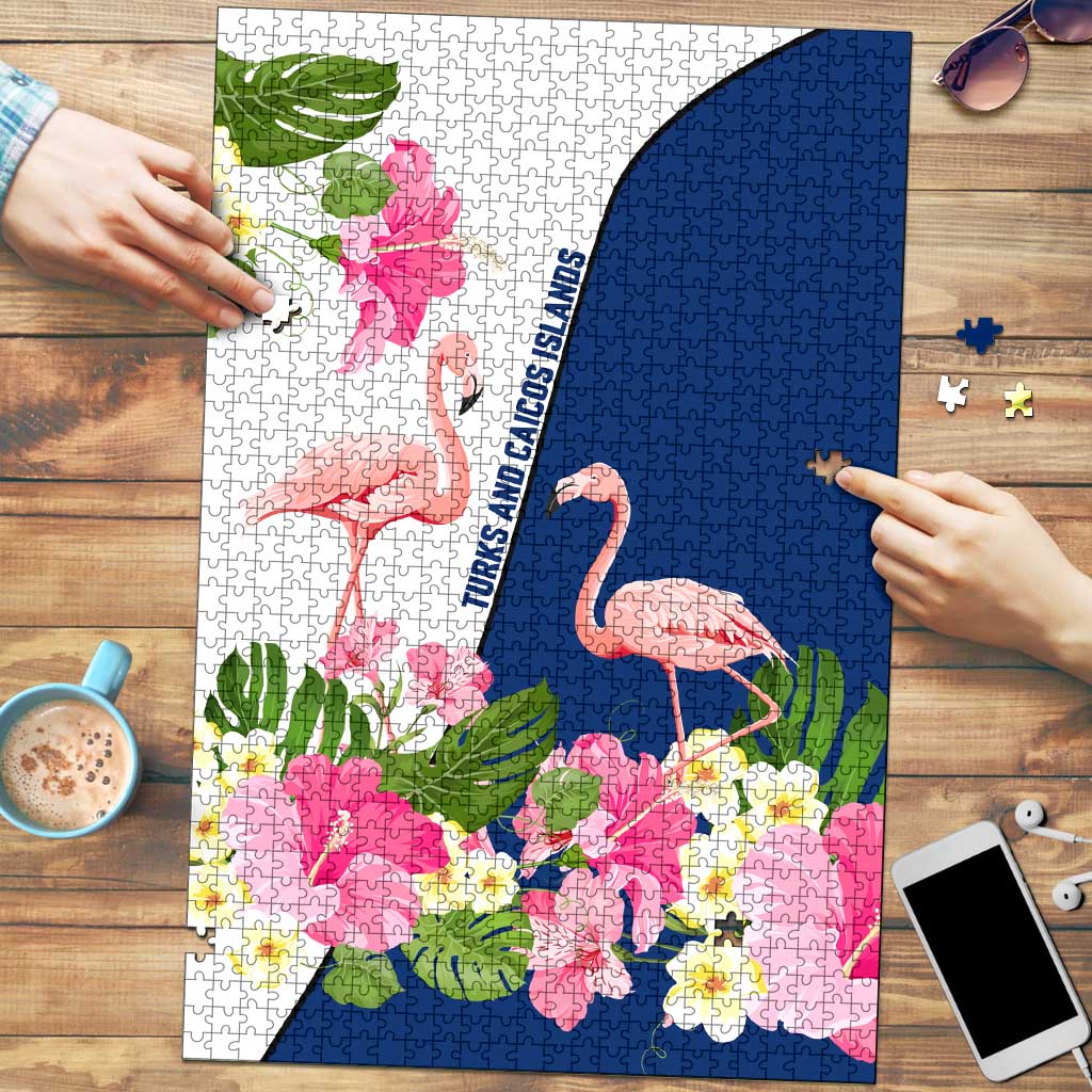 Turks and Caicos Islands Puzzle with Flamingos Floral Pattern and National Crest Design - Wonder Print Shop