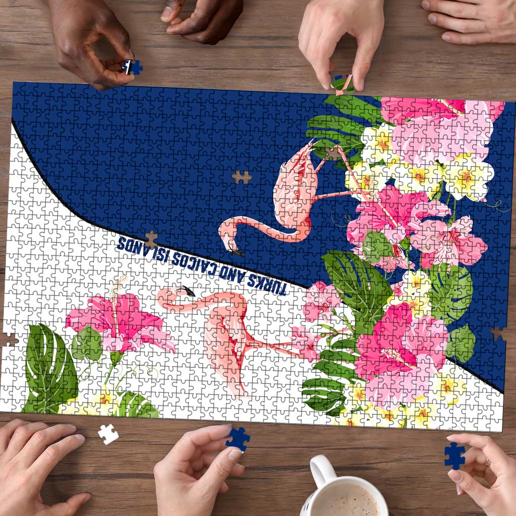Turks and Caicos Islands Puzzle with Flamingos Floral Pattern and National Crest Design - Wonder Print Shop