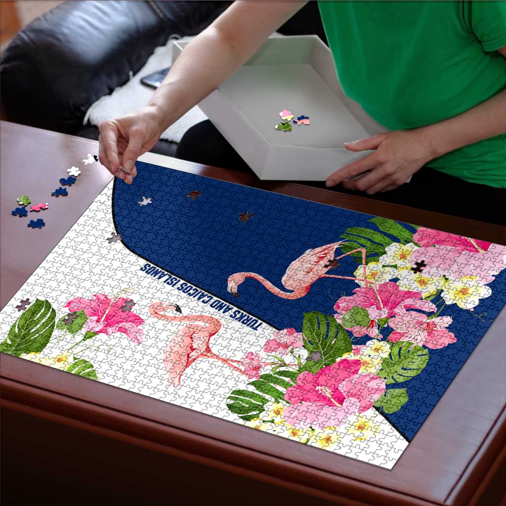 Turks and Caicos Islands Puzzle with Flamingos Floral Pattern and National Crest Design - Wonder Print Shop