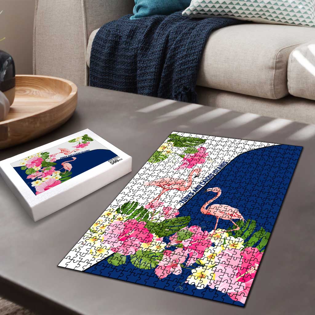 Turks and Caicos Islands Puzzle with Flamingos Floral Pattern and National Crest Design - Wonder Print Shop