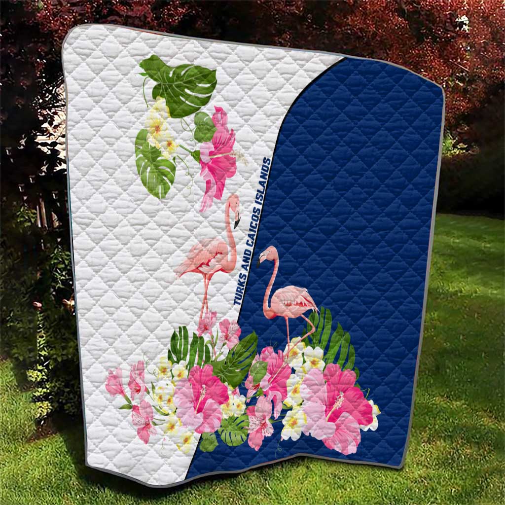 Turks and Caicos Islands Quilt with Flamingos Floral Pattern and National Crest Design - Wonder Print Shop