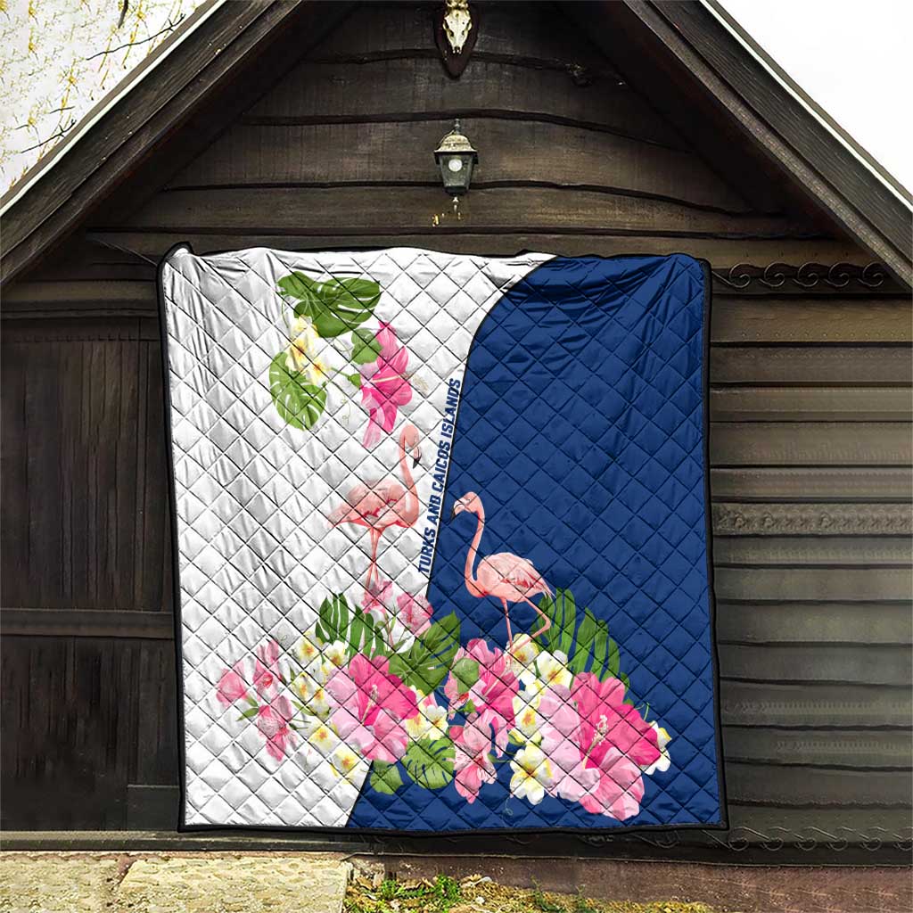 Turks and Caicos Islands Quilt with Flamingos Floral Pattern and National Crest Design - Wonder Print Shop