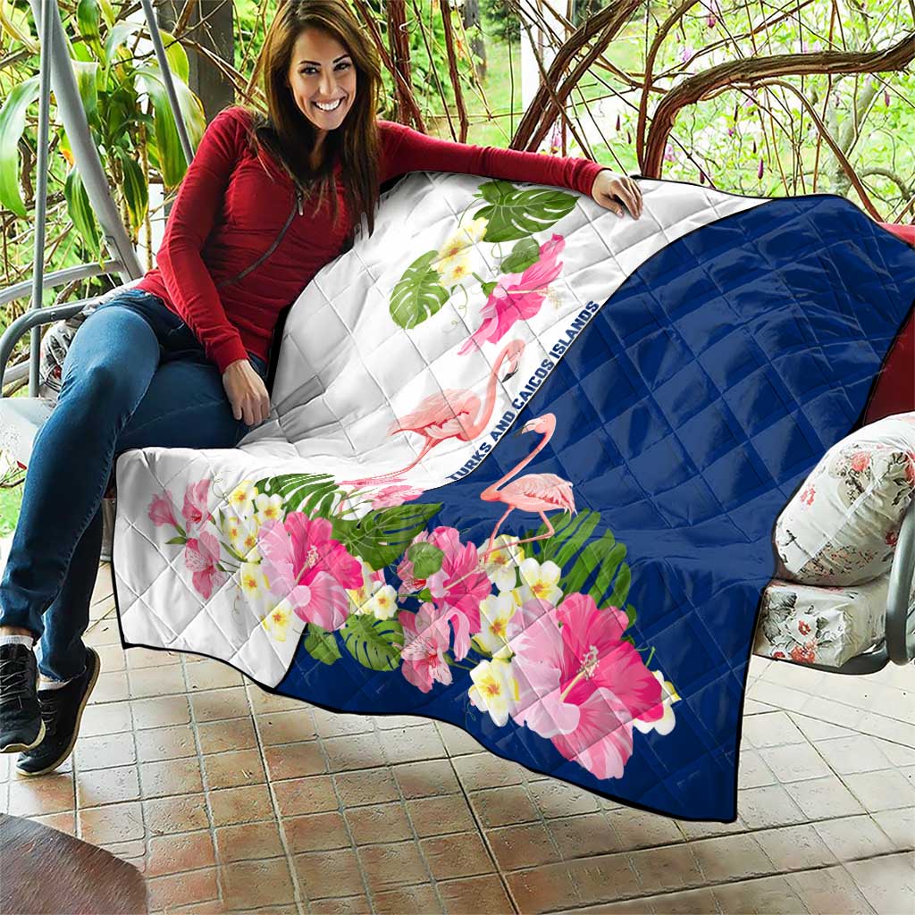 Turks and Caicos Islands Quilt with Flamingos Floral Pattern and National Crest Design - Wonder Print Shop