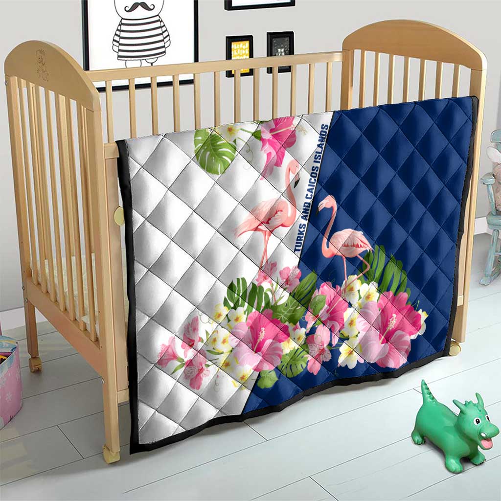 Turks and Caicos Islands Quilt with Flamingos Floral Pattern and National Crest Design - Wonder Print Shop