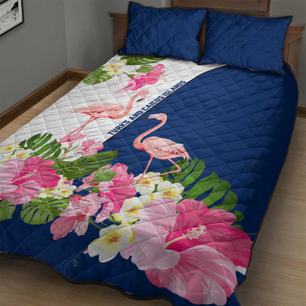 Turks and Caicos Islands Quilt Bed Set with Flamingos Floral Pattern and National Crest Design - Wonder Print Shop