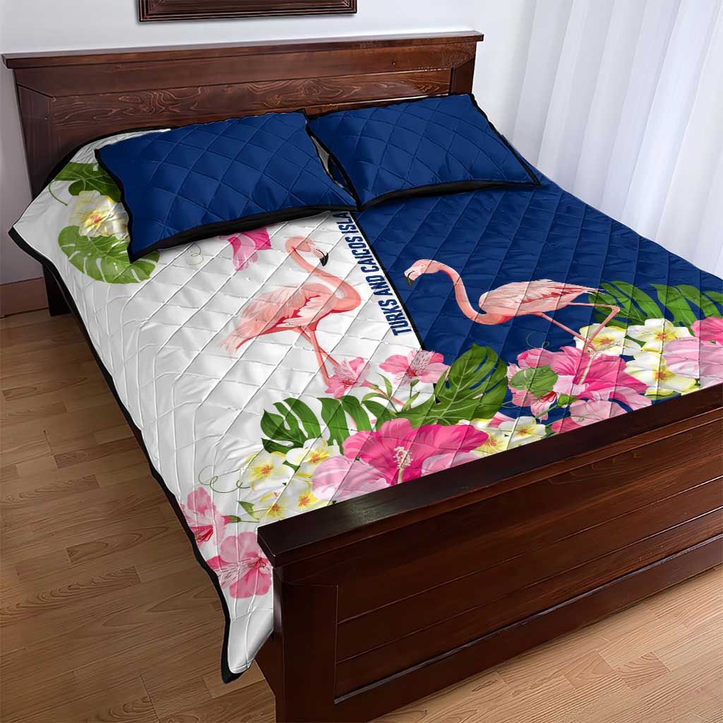 Turks and Caicos Islands Quilt Bed Set with Flamingos Floral Pattern and National Crest Design - Wonder Print Shop