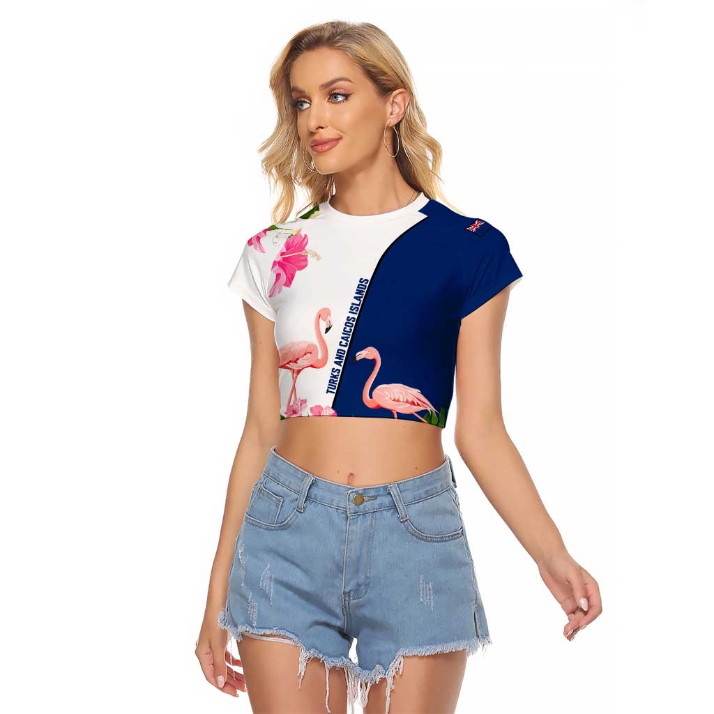 Turks and Caicos Islands Raglan Cropped T Shirt with Flamingos Floral Pattern and National Crest Design - Wonder Print Shop