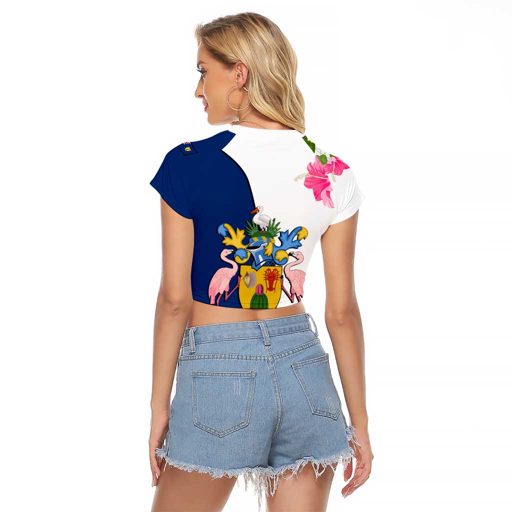 Turks and Caicos Islands Raglan Cropped T Shirt with Flamingos Floral Pattern and National Crest Design - Wonder Print Shop