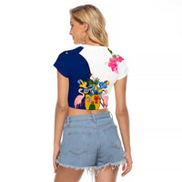 Turks and Caicos Islands Raglan Cropped T Shirt with Flamingos Floral Pattern and National Crest Design - Wonder Print Shop