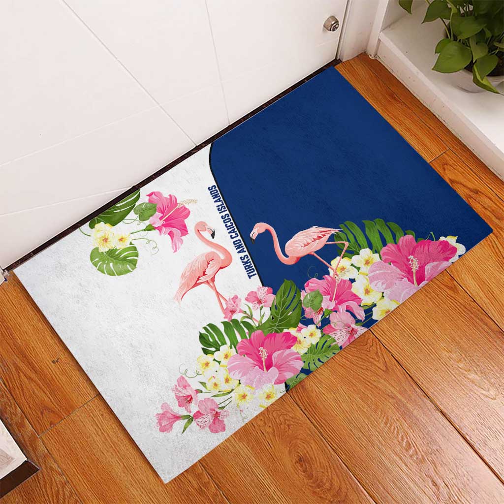 Turks and Caicos Islands Rubber Doormat with Flamingos Floral Pattern and National Crest Design - Wonder Print Shop
