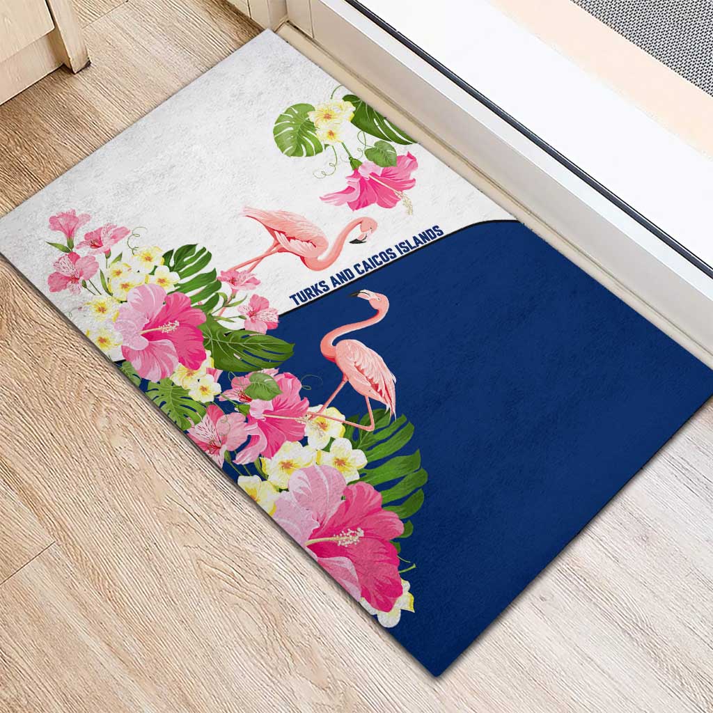 Turks and Caicos Islands Rubber Doormat with Flamingos Floral Pattern and National Crest Design - Wonder Print Shop