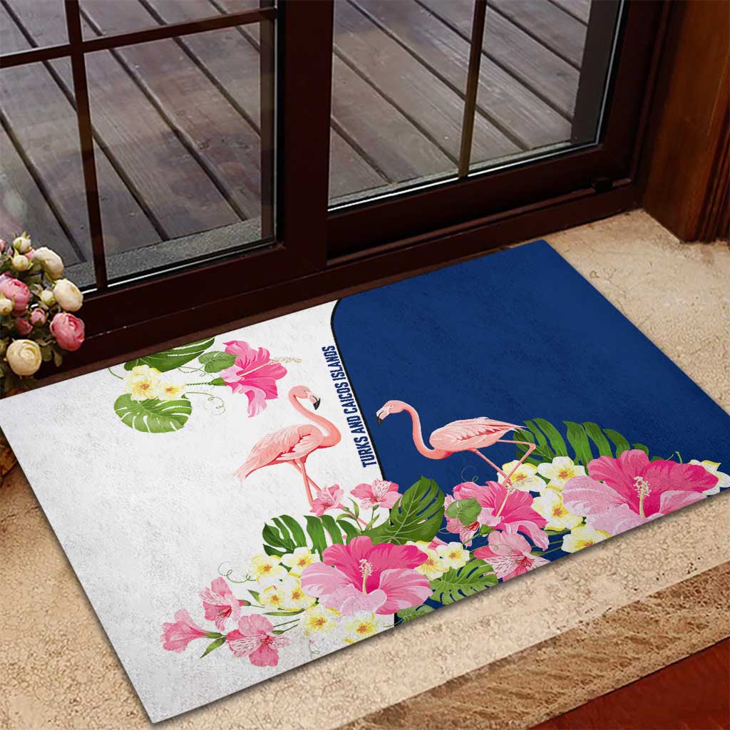 Turks and Caicos Islands Rubber Doormat with Flamingos Floral Pattern and National Crest Design - Wonder Print Shop