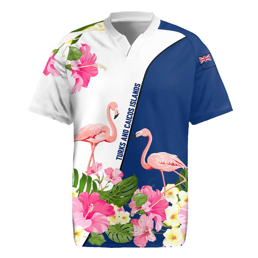 Turks and Caicos Islands Rugby Jersey with Flamingos Floral Pattern and National Crest Design - Wonder Print Shop