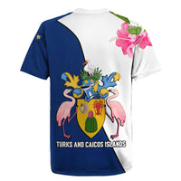 Turks and Caicos Islands Rugby Jersey with Flamingos Floral Pattern and National Crest Design - Wonder Print Shop