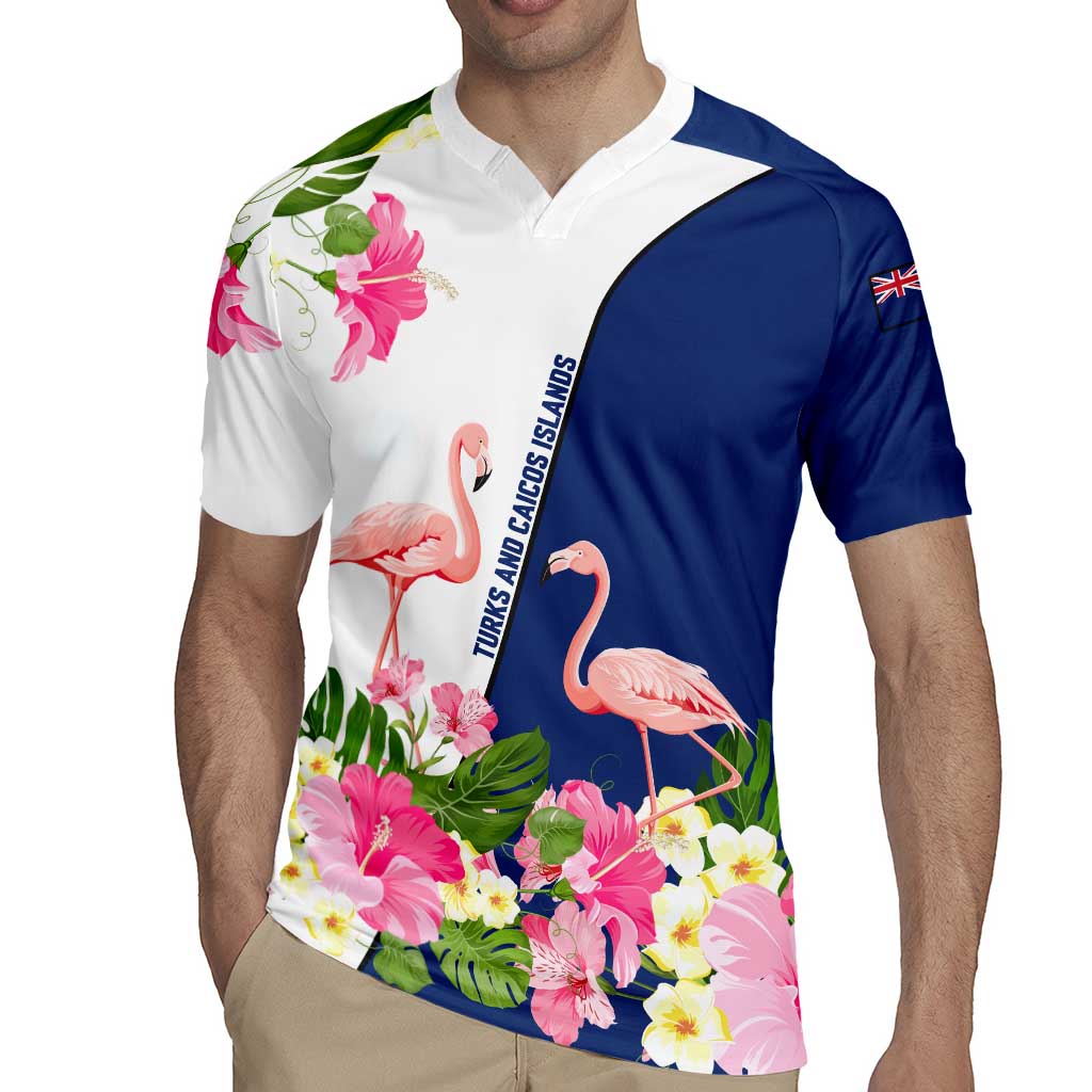 Turks and Caicos Islands Rugby Jersey with Flamingos Floral Pattern and National Crest Design - Wonder Print Shop