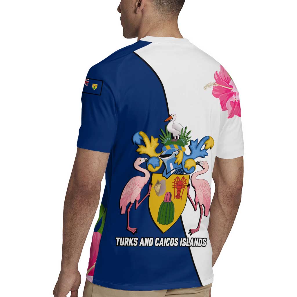 Turks and Caicos Islands Rugby Jersey with Flamingos Floral Pattern and National Crest Design - Wonder Print Shop