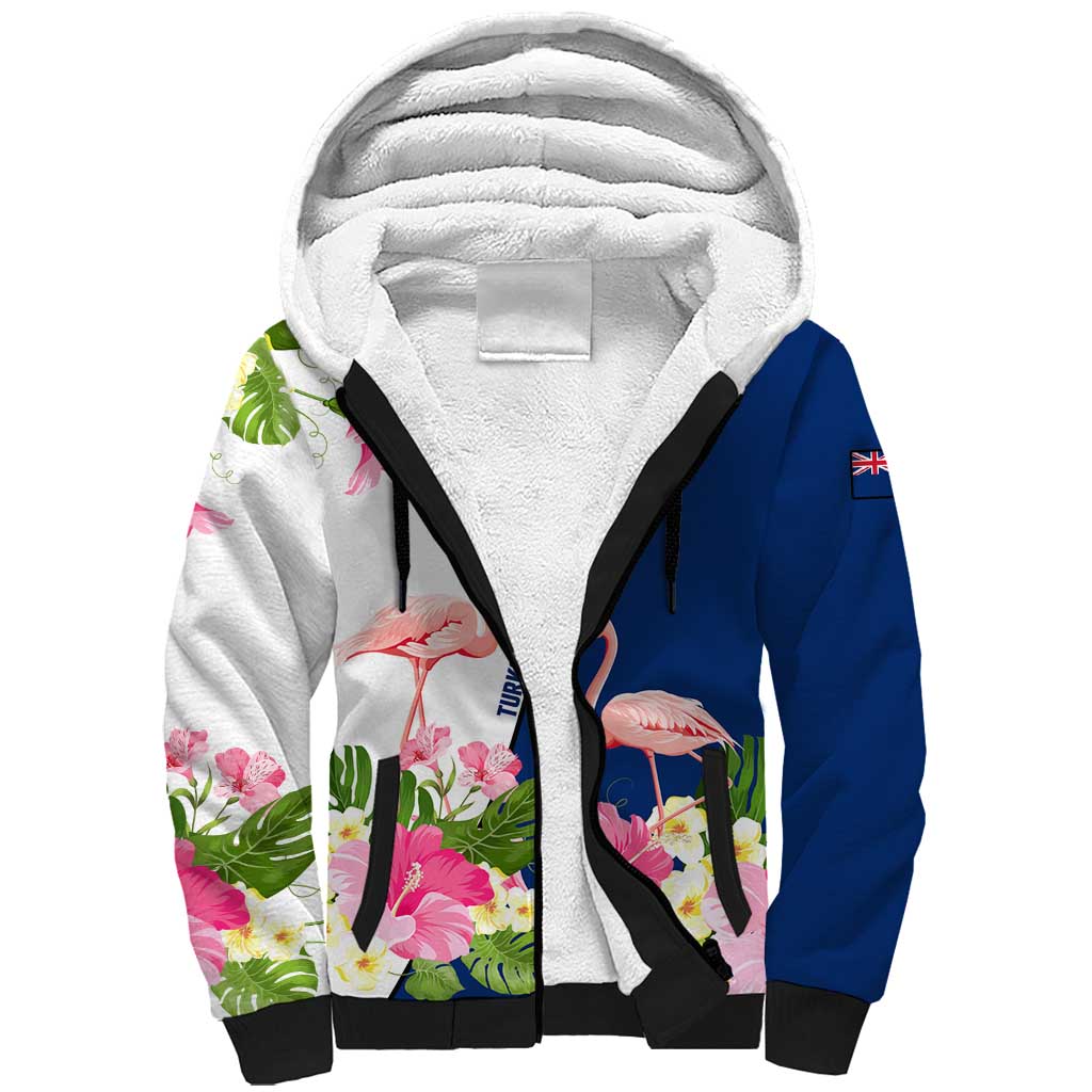 Turks and Caicos Islands Sherpa Hoodie with Flamingos Floral Pattern and National Crest Design - Wonder Print Shop
