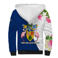Turks and Caicos Islands Sherpa Hoodie with Flamingos Floral Pattern and National Crest Design - Wonder Print Shop