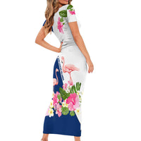 Turks and Caicos Islands Short Sleeve Bodycon Dress with Flamingos Floral Pattern and National Crest Design - Wonder Print Shop