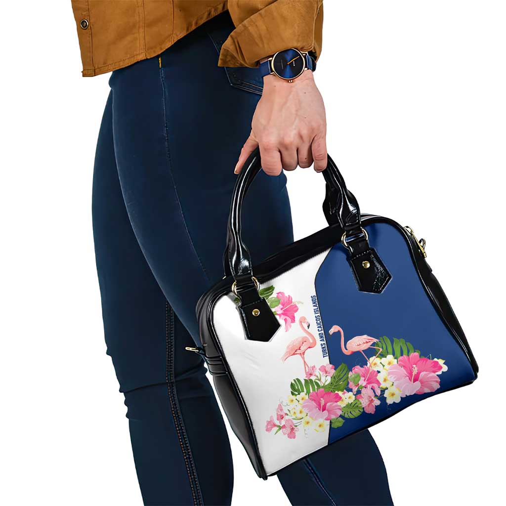 Turks and Caicos Islands Shoulder Handbag with Flamingos Floral Pattern and National Crest Design - Wonder Print Shop