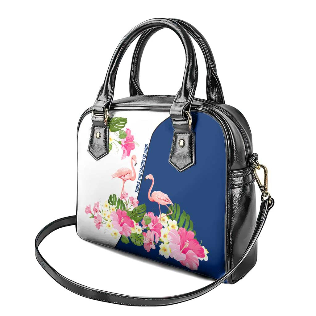 Turks and Caicos Islands Shoulder Handbag with Flamingos Floral Pattern and National Crest Design - Wonder Print Shop