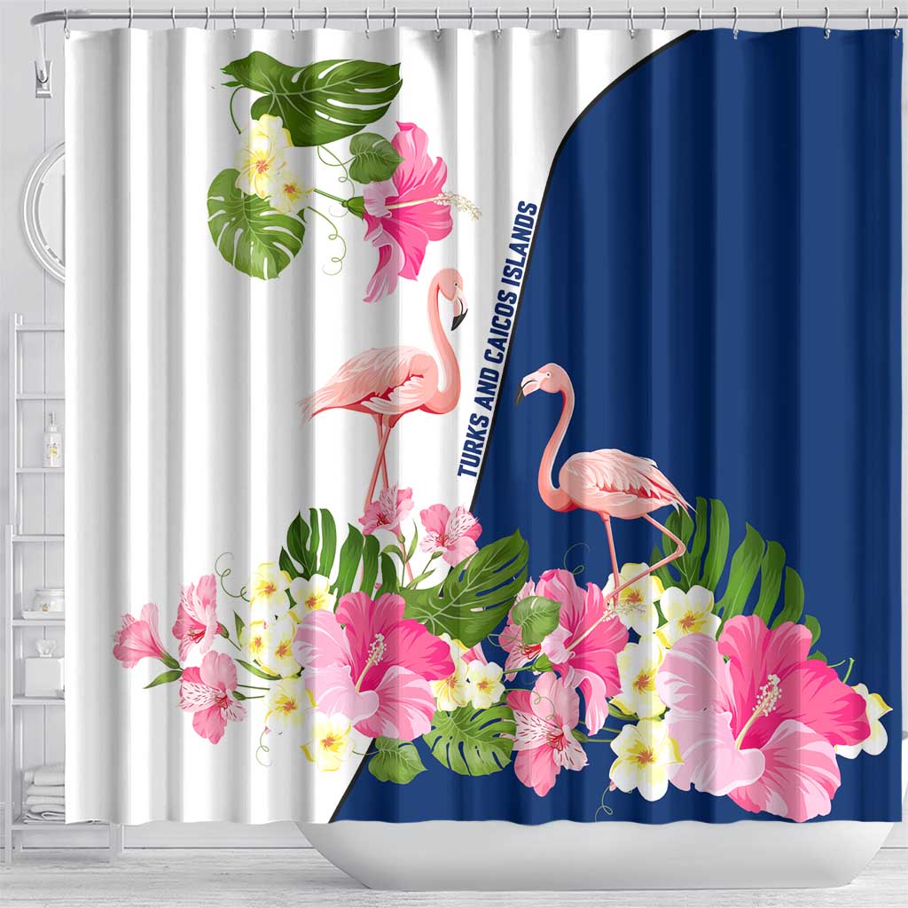 Turks and Caicos Islands Shower Curtain with Flamingos Floral Pattern and National Crest Design - Wonder Print Shop