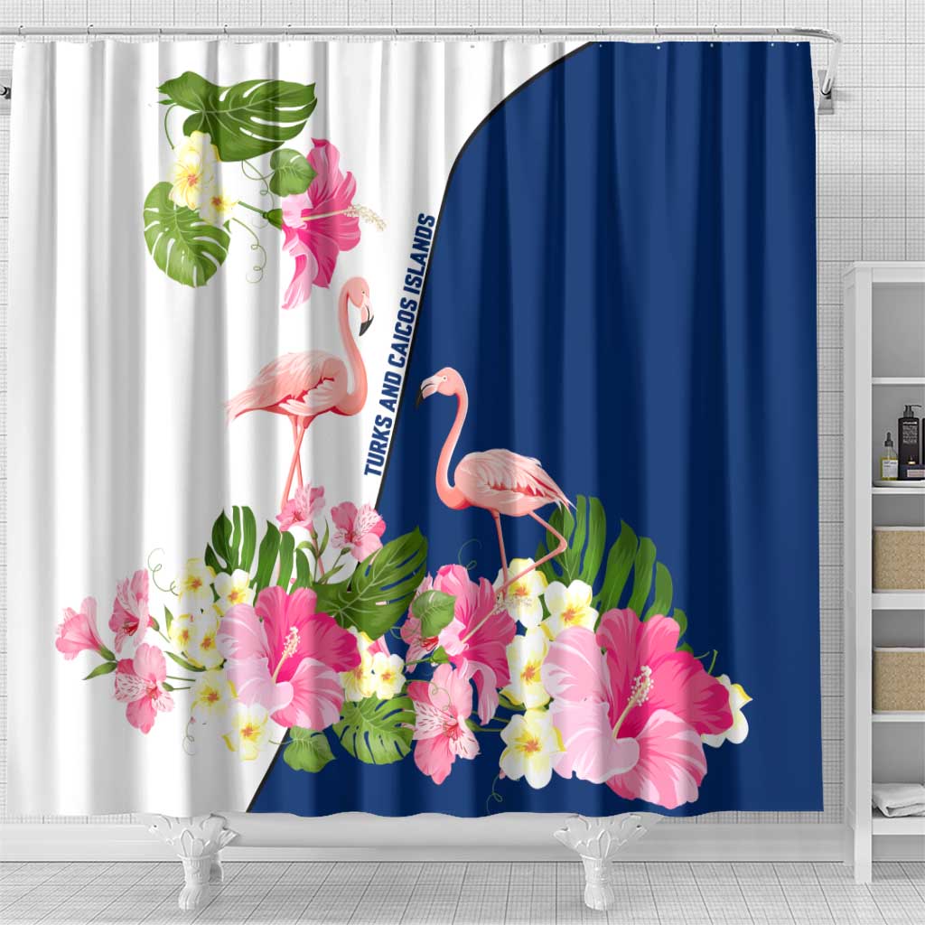 Turks and Caicos Islands Shower Curtain with Flamingos Floral Pattern and National Crest Design - Wonder Print Shop