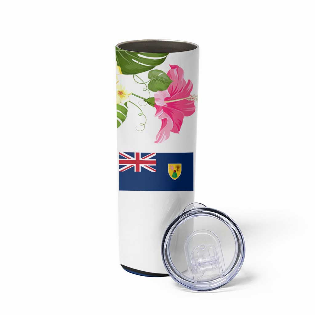 Turks and Caicos Islands Skinny Tumbler with Flamingos Floral Pattern and National Crest Design - Wonder Print Shop