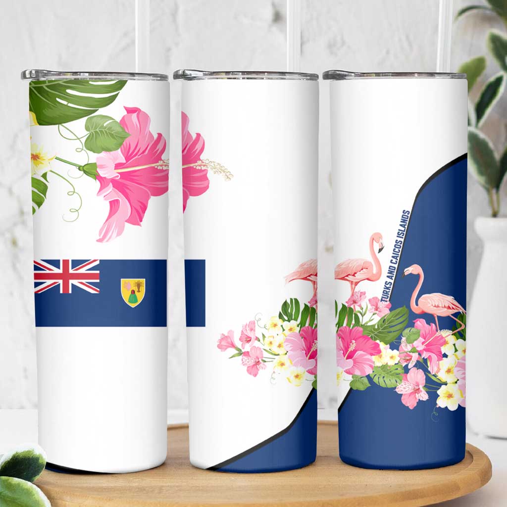 Turks and Caicos Islands Skinny Tumbler with Flamingos Floral Pattern and National Crest Design - Wonder Print Shop