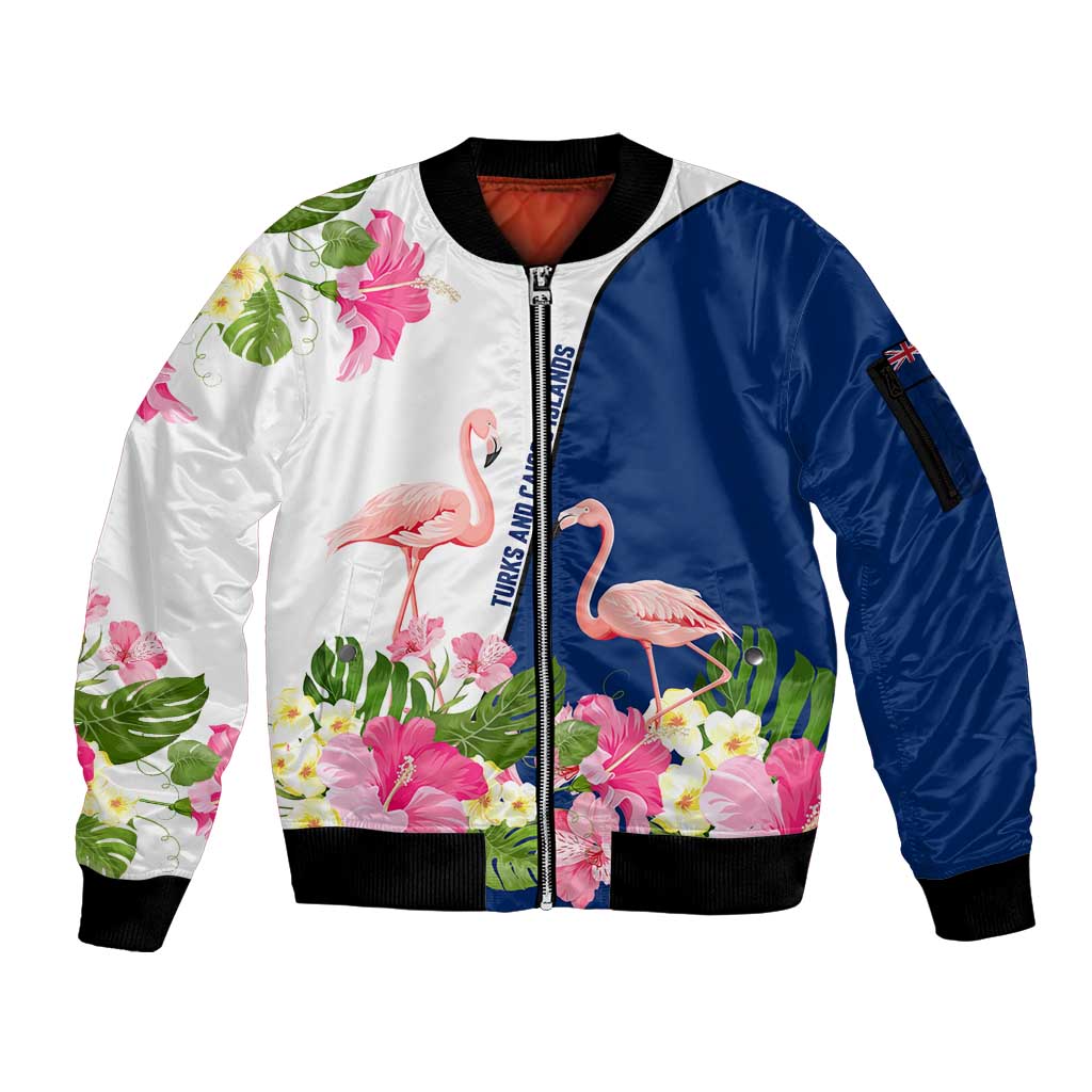 Turks and Caicos Islands Sleeve Zip Bomber Jacket with Flamingos Floral Pattern and National Crest Design - Wonder Print Shop