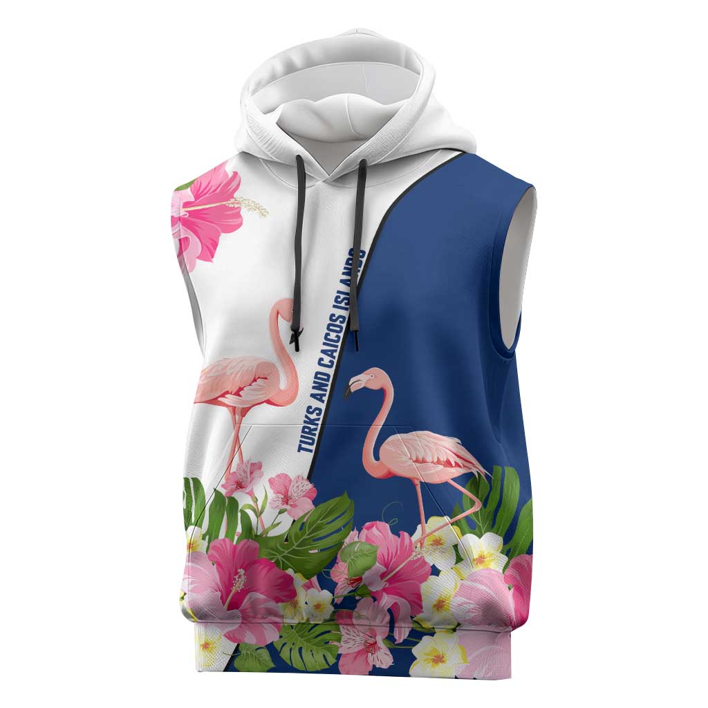 Turks and Caicos Islands Sleeveless Hoodie with Flamingos Floral Pattern and National Crest Design - Wonder Print Shop