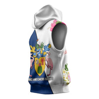 Turks and Caicos Islands Sleeveless Hoodie with Flamingos Floral Pattern and National Crest Design - Wonder Print Shop